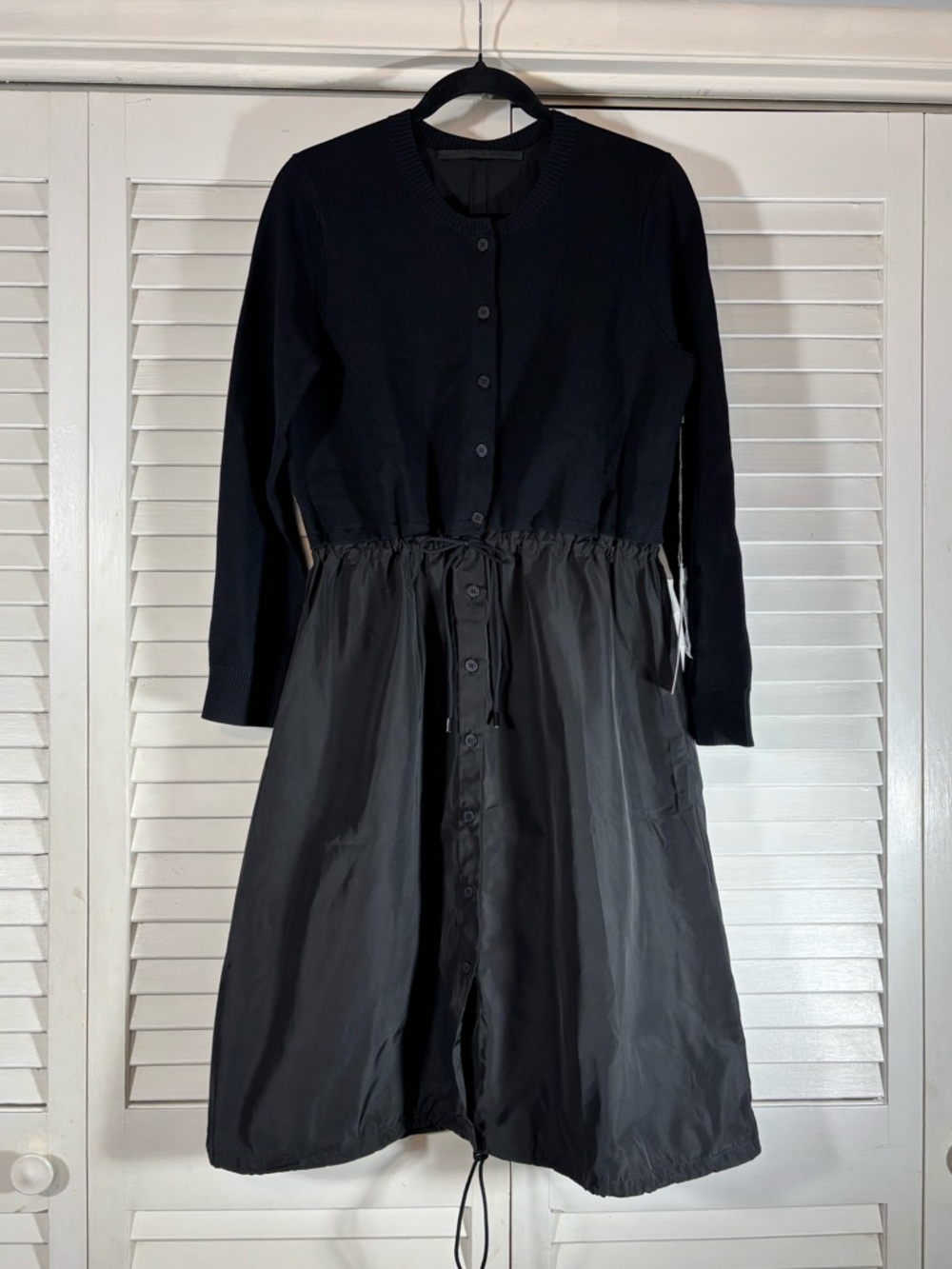 Giordano Ladies Mixed Media Dress Coat Black Cardigan Nylon Cinch New 2